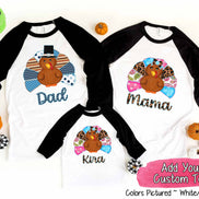 Personalized Pattern Thanksgiving Turkey Family Matching Raglan Tee