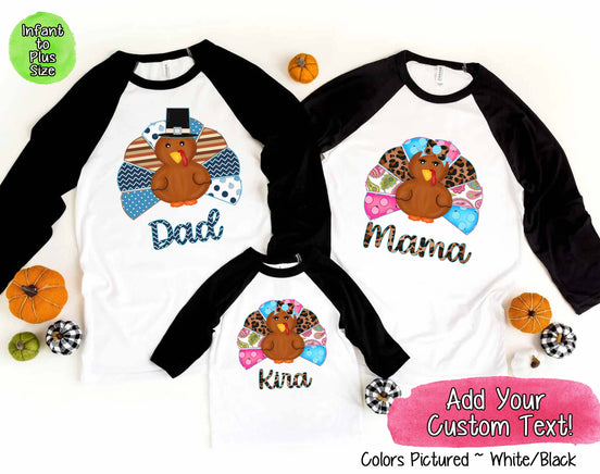 Personalized Pattern Thanksgiving Turkey Family Matching Raglan Tee