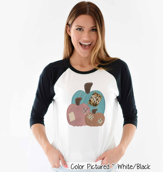 Patchwork Fall Pumpkin Trio Monogram Raglan Tee