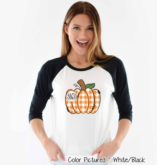 Orange Plaid Country Pumpkin Monogram Raglan Tee