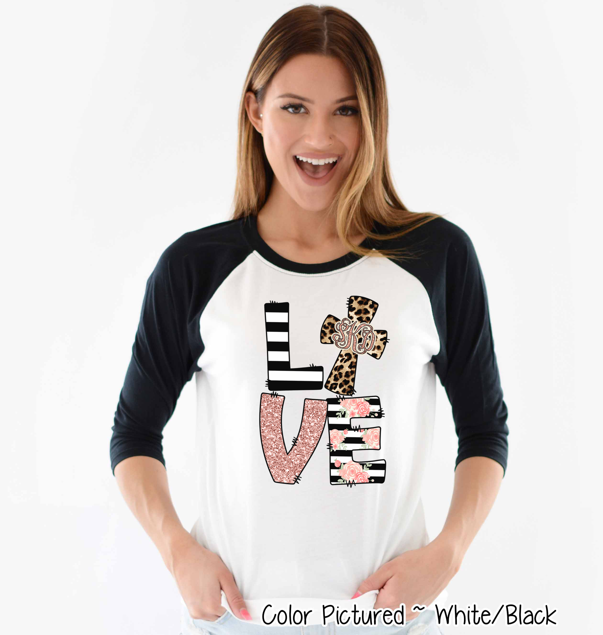 Monogram Leopard Rose Gold LOVE Cross Raglan Tee