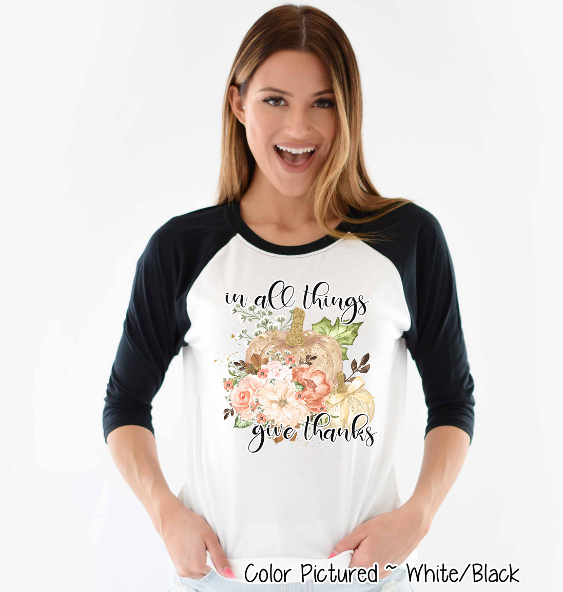 In All Things Give Thanks Pink Floral Pumpkin Raglan Tee