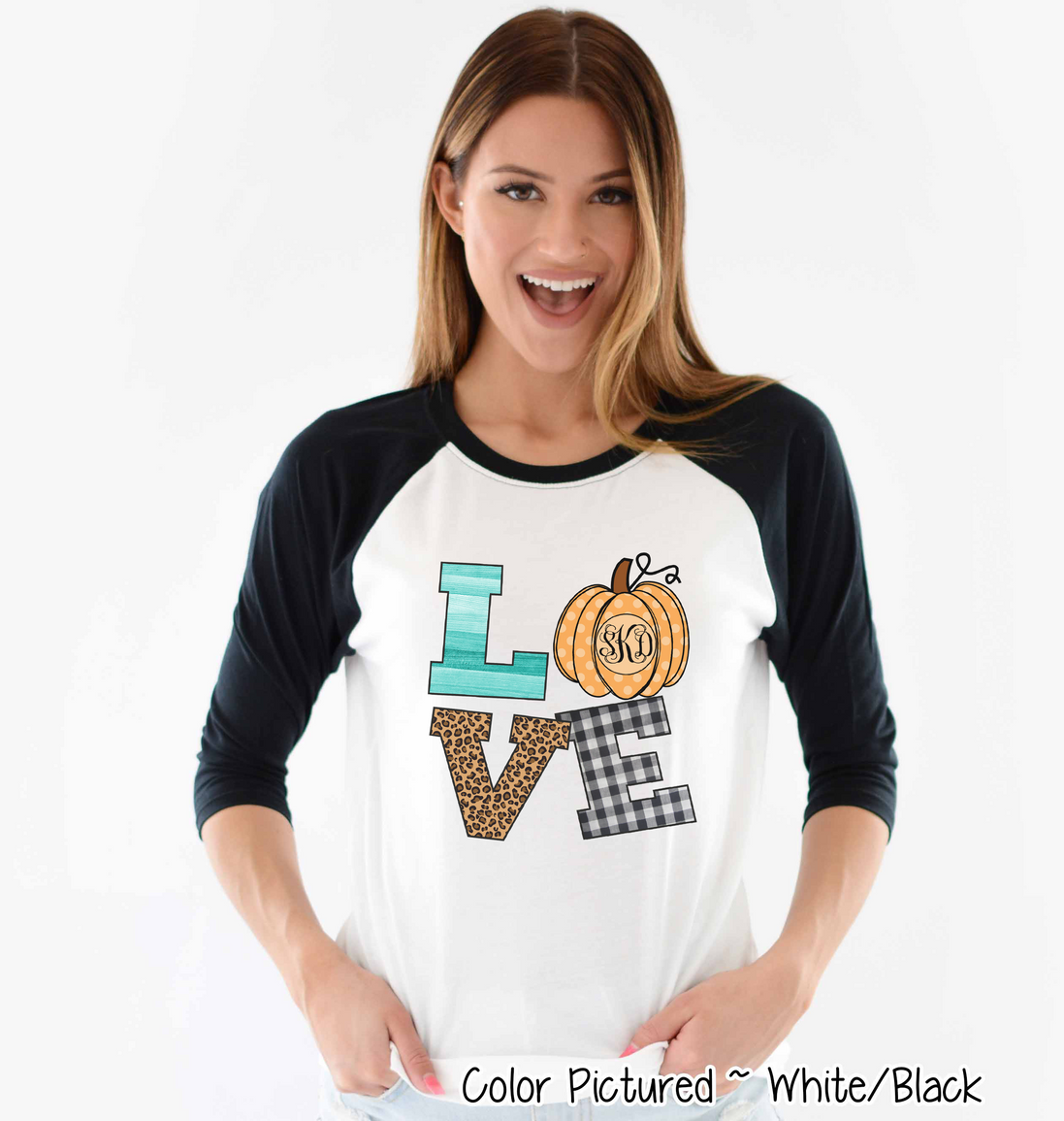 LOVE Pumpkin Monogram Fall Raglan Tee