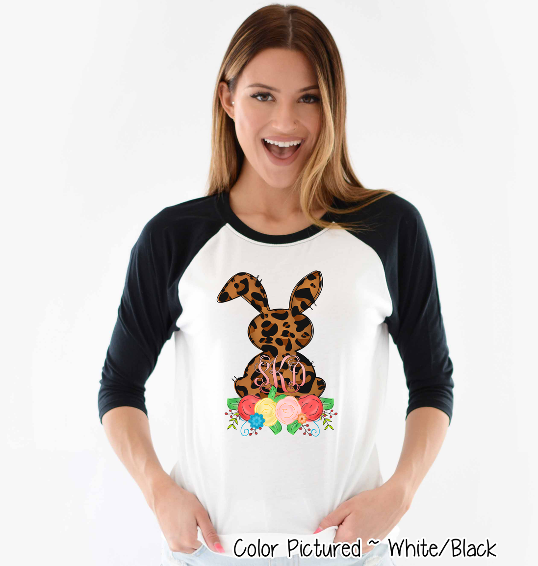 Monogram Leopard Print Easter Bunny Raglan Tee