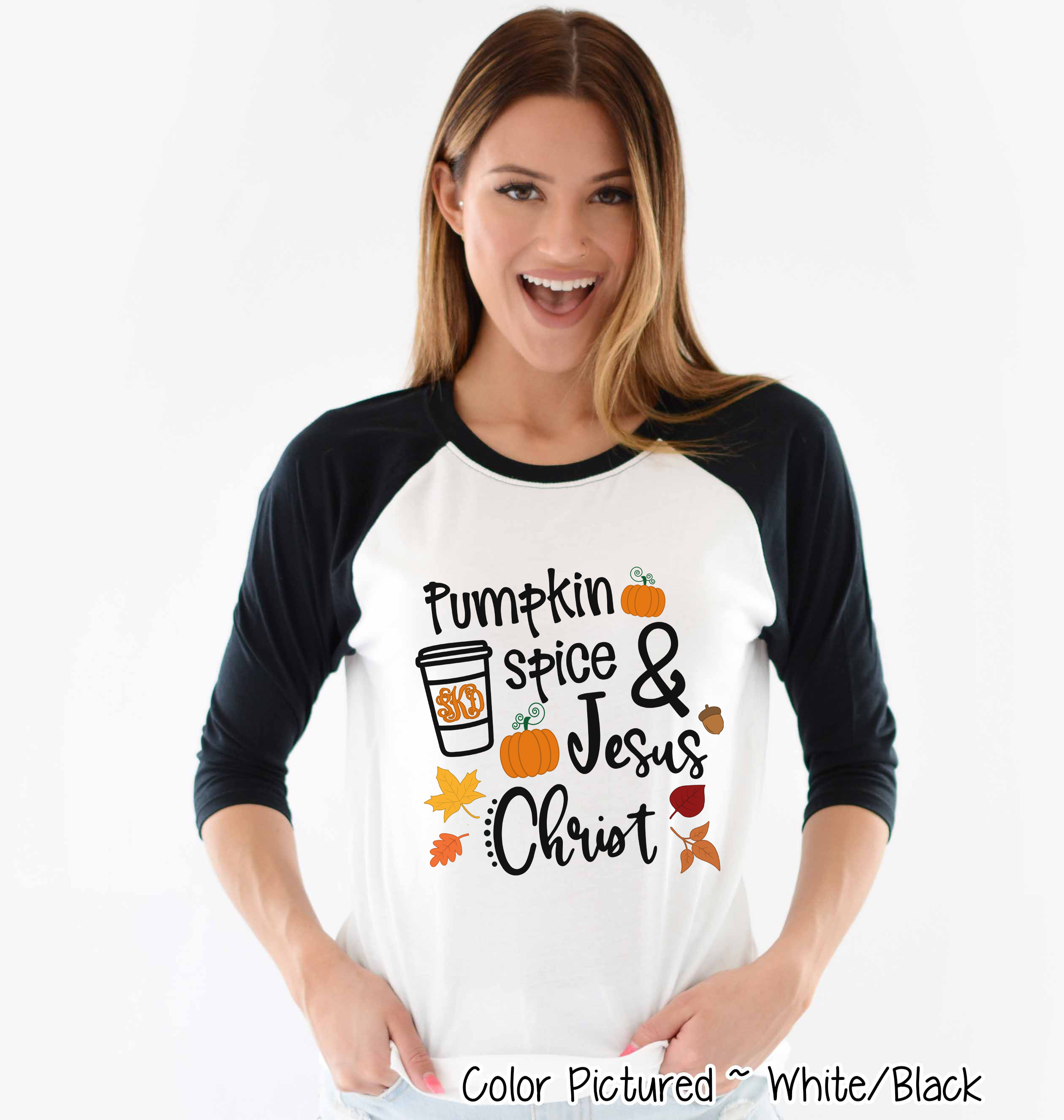 Pumpkin Spice & Jesus Christ Monogram Raglan Tee