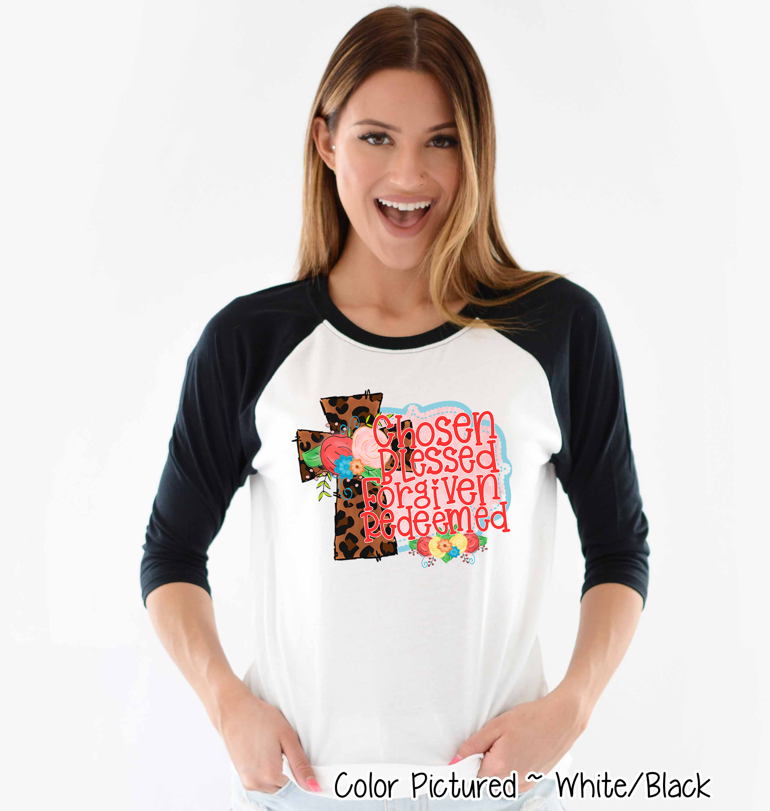 Leopard Cross Chosen Blessed Forgiven Redeemed Raglan Tee
