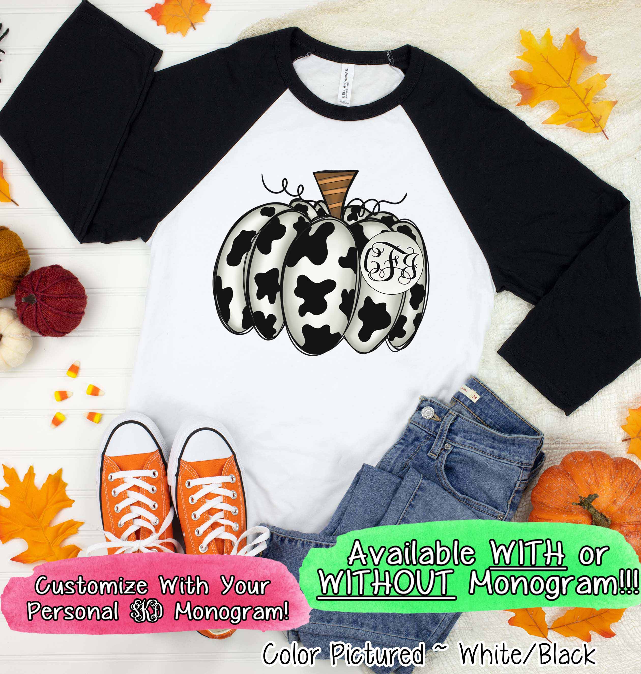 Monogram Cow Hide Pumpkin Fall Raglan Tee