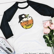 Trick or Teach Candy Corn Apple Halloween Teacher Raglan Shirt