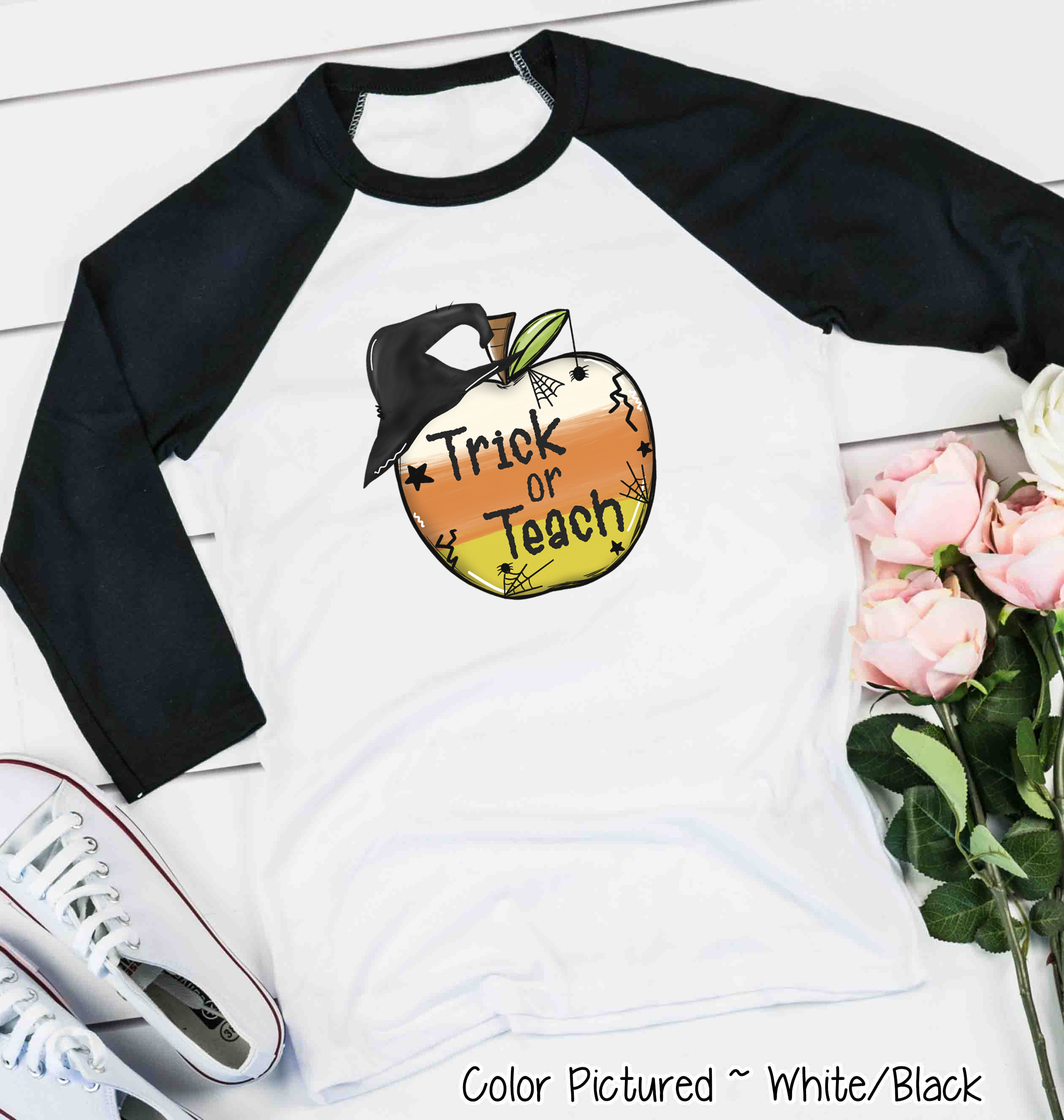 Trick or Teach Candy Corn Apple Halloween Teacher Raglan Shirt