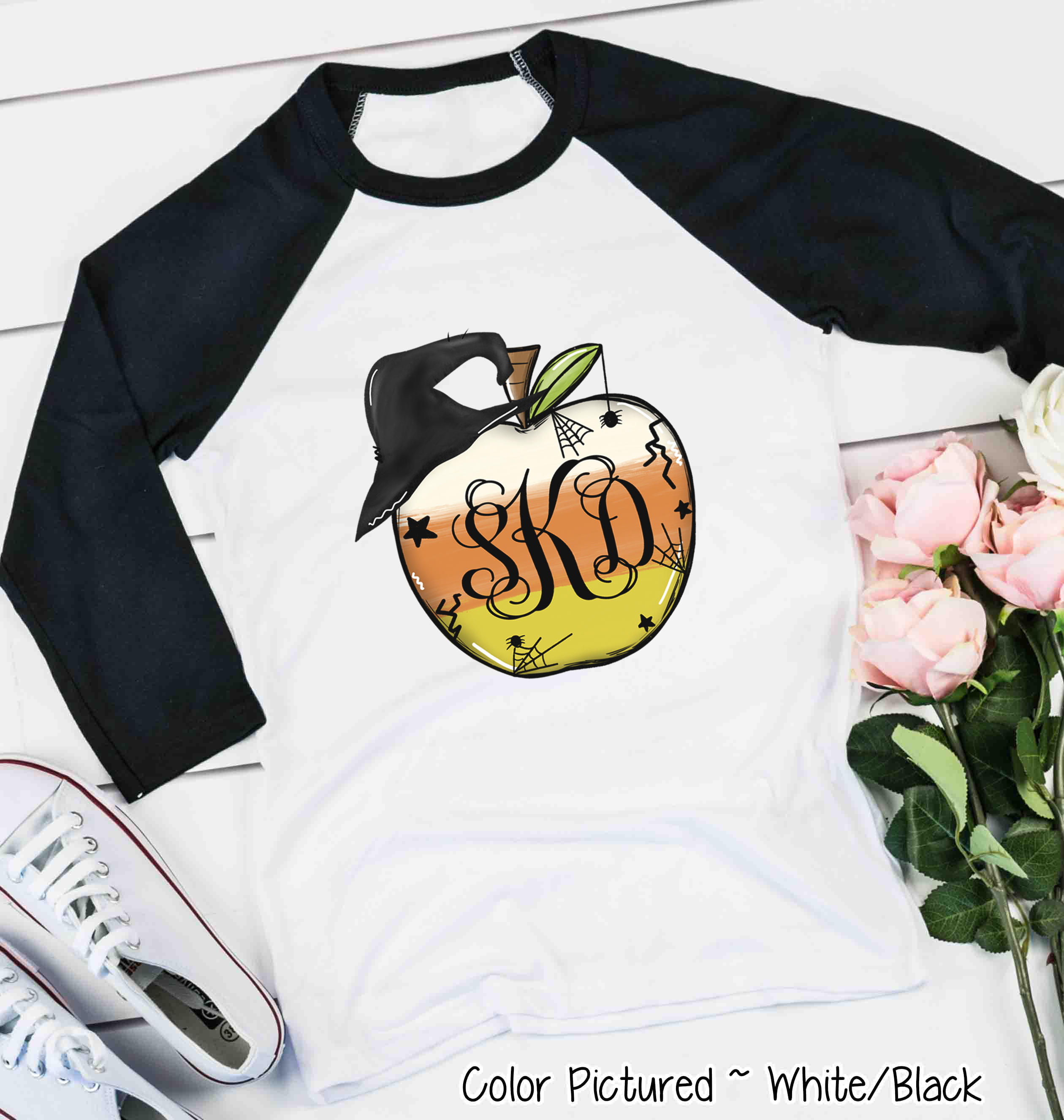 Monogramed Candy Corn Apple Halloween Teacher Raglan Tee