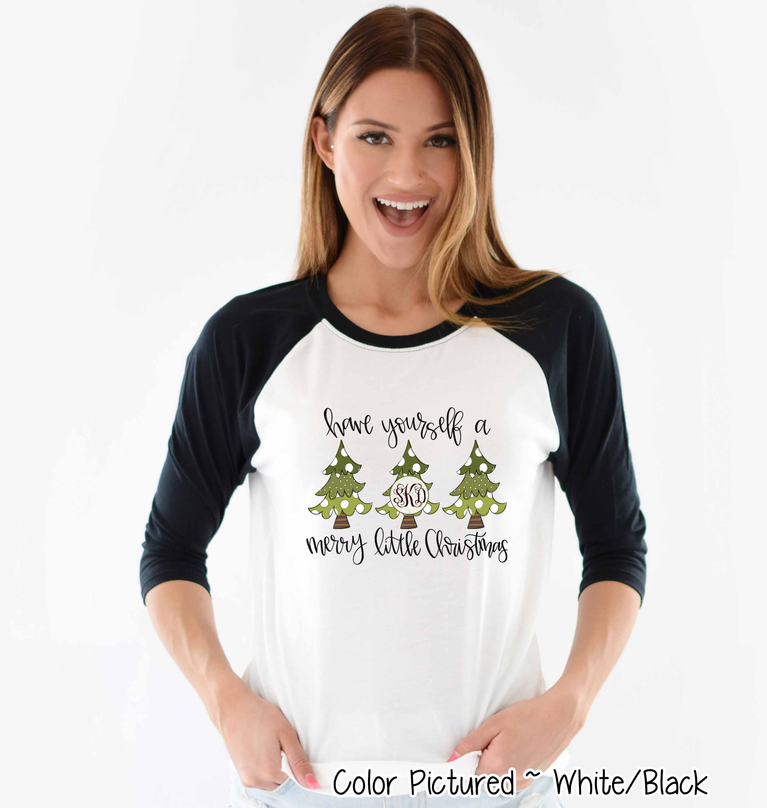 Monogrammed Have Yourself A Merry Little Christmas Tree Raglan Tee