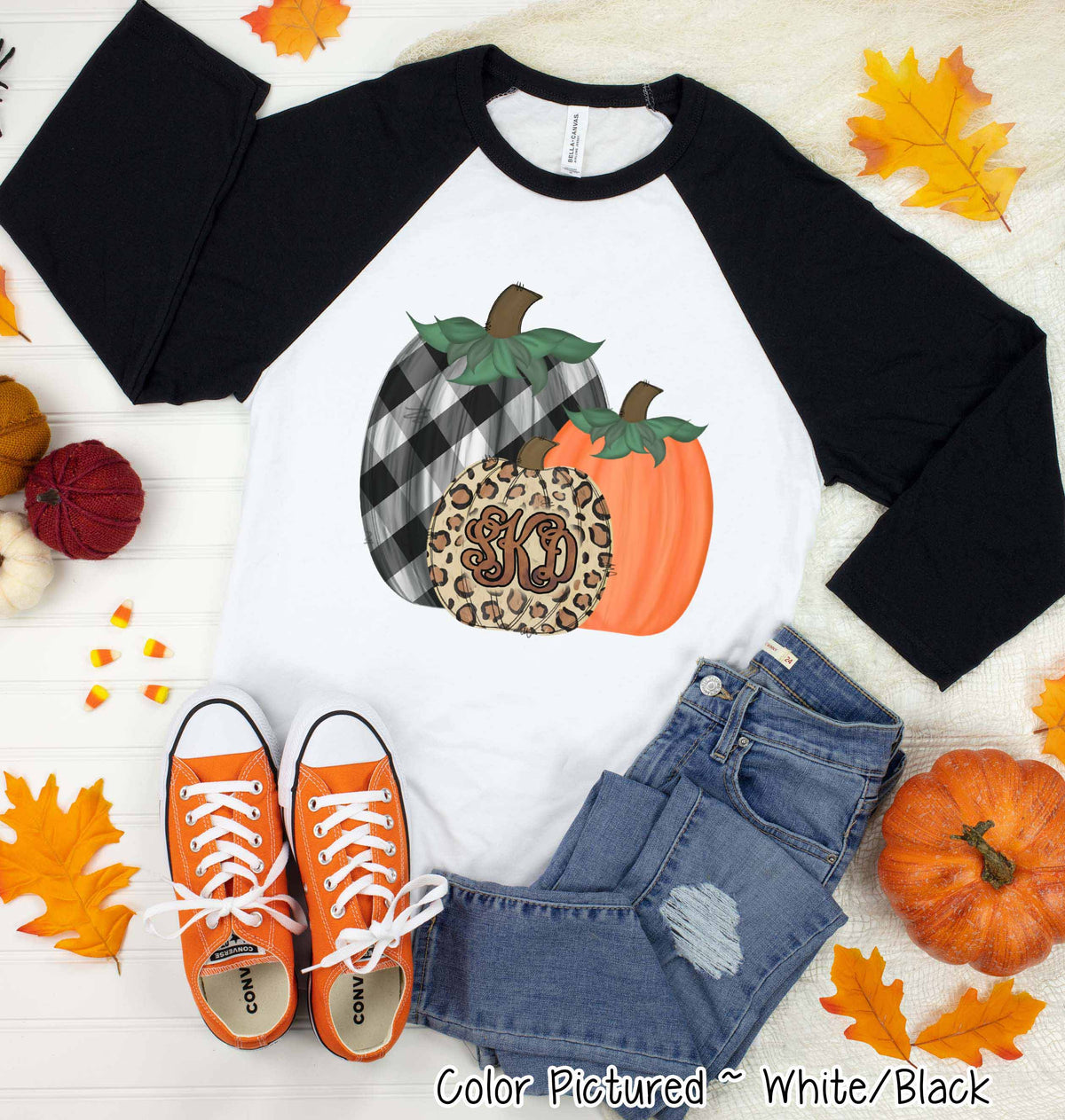 Monogram Plaid Leopard Pumpkin Trio Fall Raglan Tee