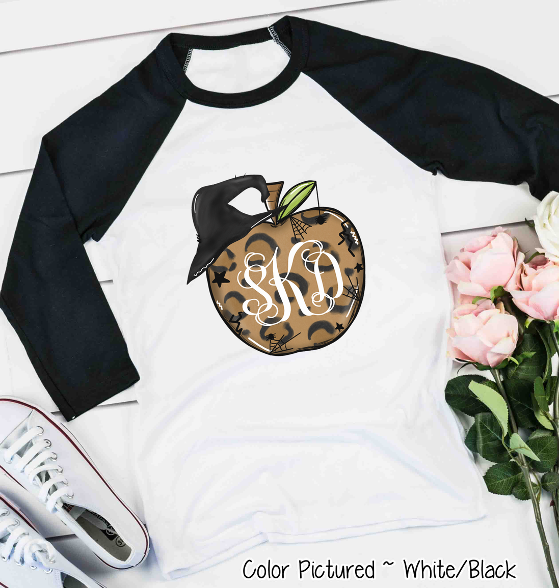 Monogramed Leopard Apple Halloween Teacher Raglan Tee