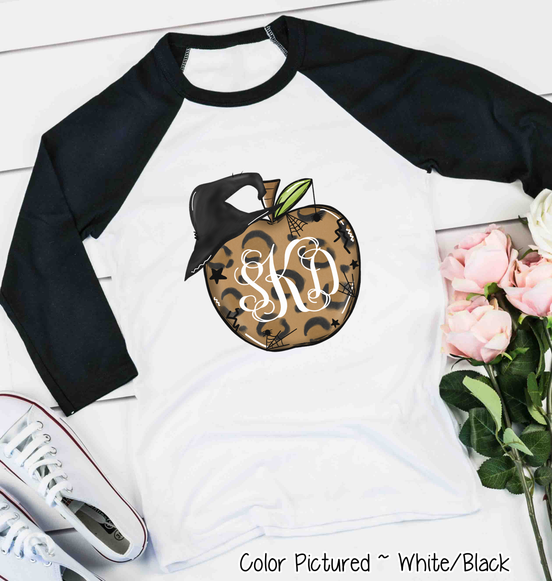 Monogramed Leopard Apple Halloween Teacher Raglan Tee