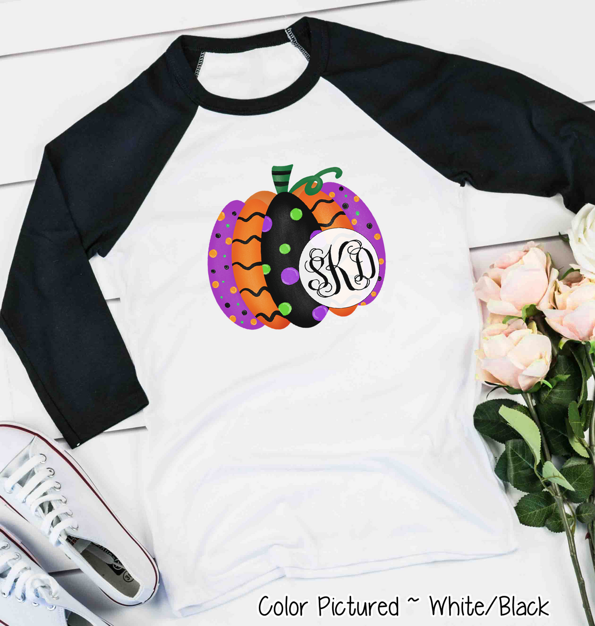 Monogrammed Colorful Halloween Pumpkin Raglan Shirt