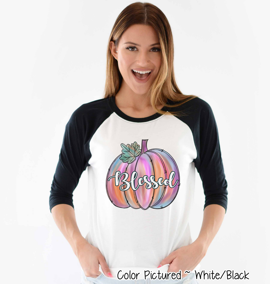 Pink Watercolor Blessed Pumpkin Raglan Tee