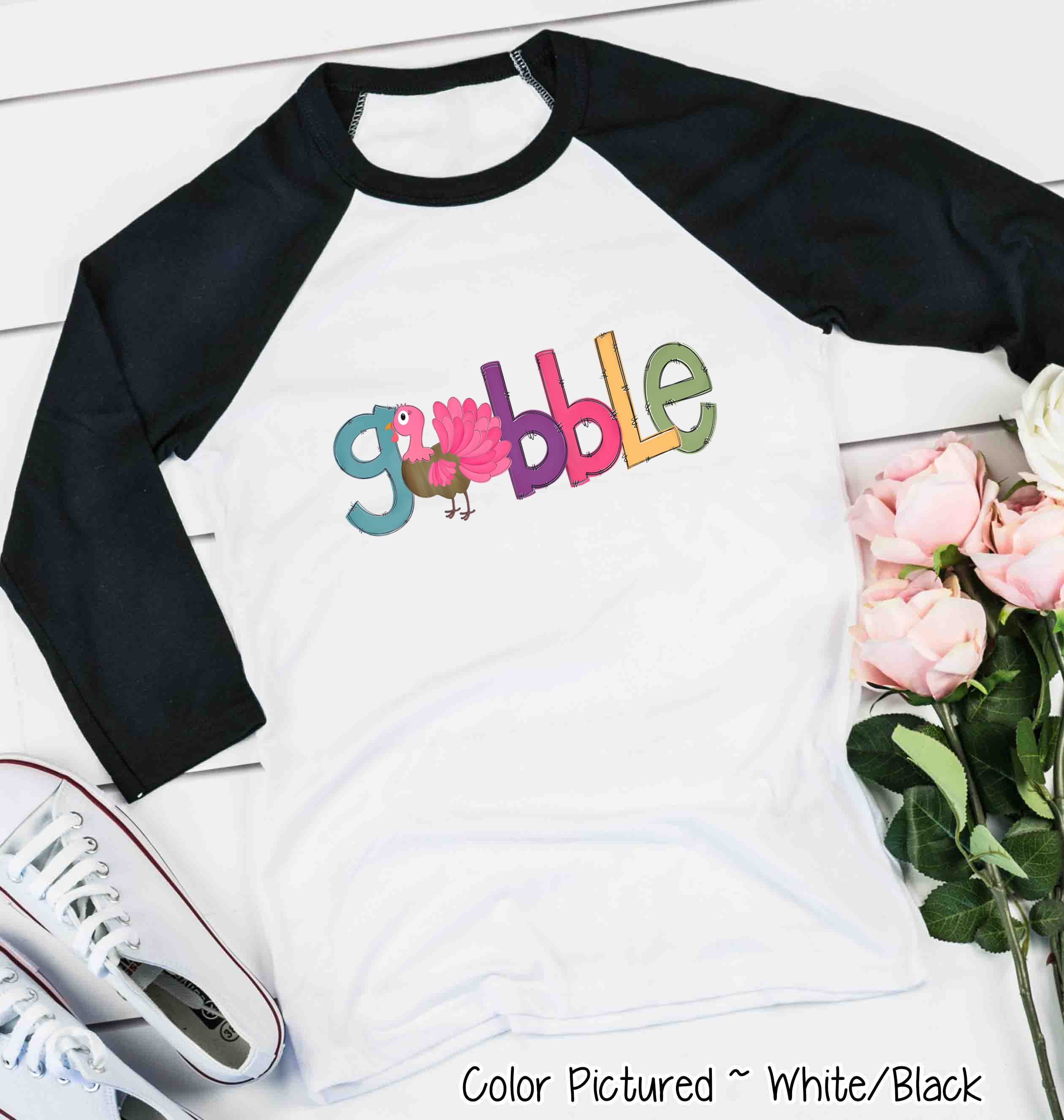 Pink, Purple, Turquoise Gobble with Turkey Raglan Tee
