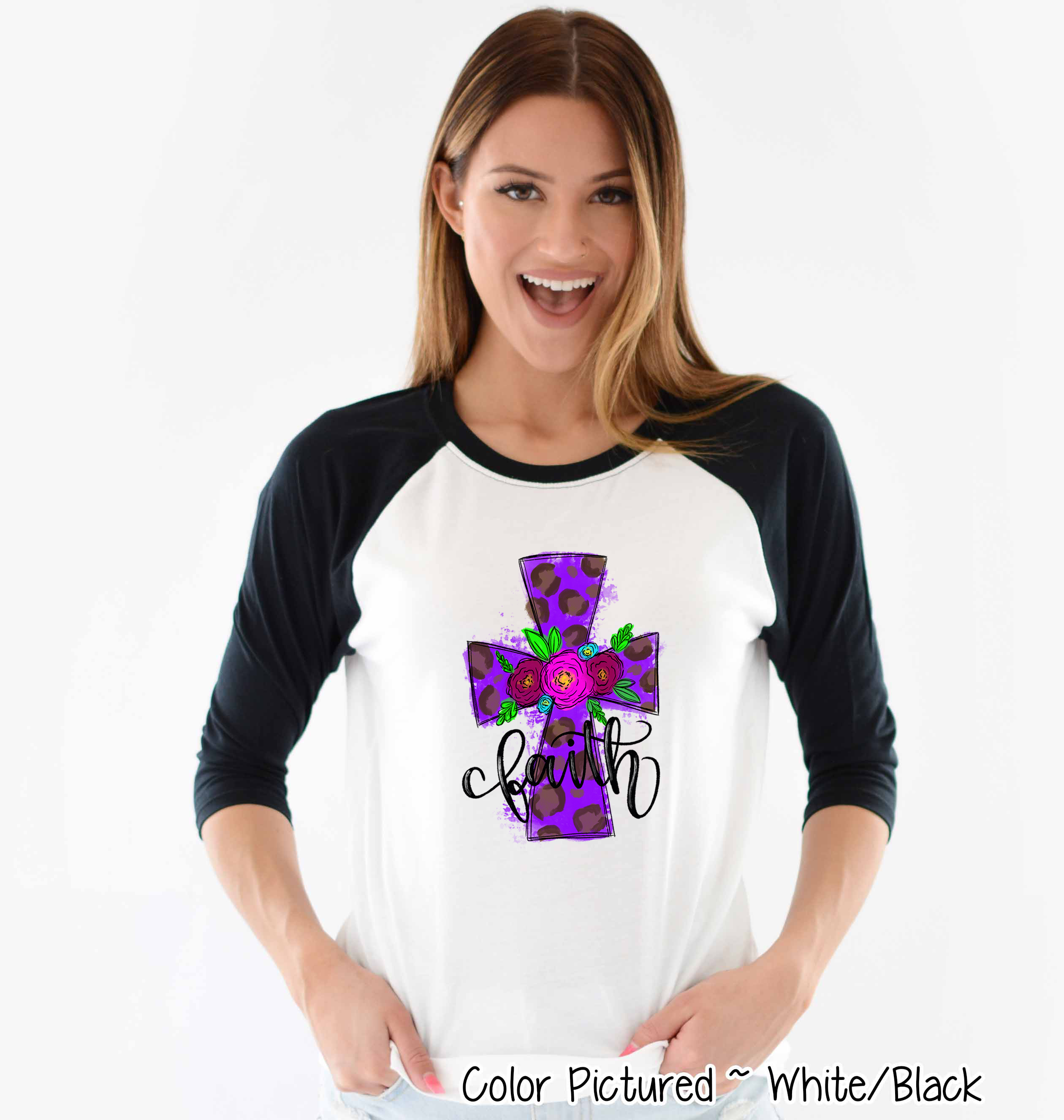 Purple Leopard Watercolor Faith Cross Easter Raglan Tee
