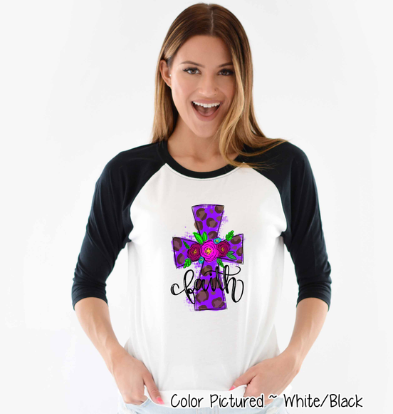 Purple Leopard Watercolor Faith Cross Easter Raglan Tee