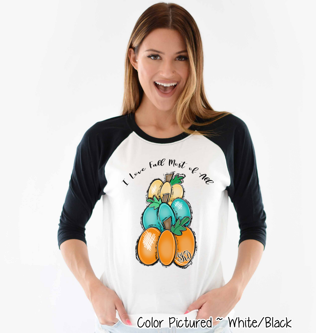 I Love Fall Stack of Monogram Pumpkins Raglan Tee