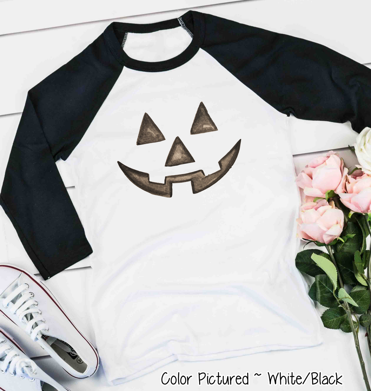 Watercolor Jack O Lantern Pumpkin Face Raglan Shirt