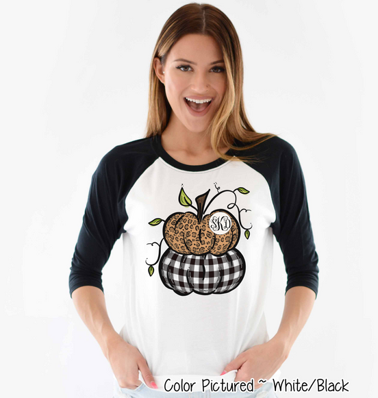 Leopard & Black Plaid Stacked Monogram Pumpkins Raglan Tee