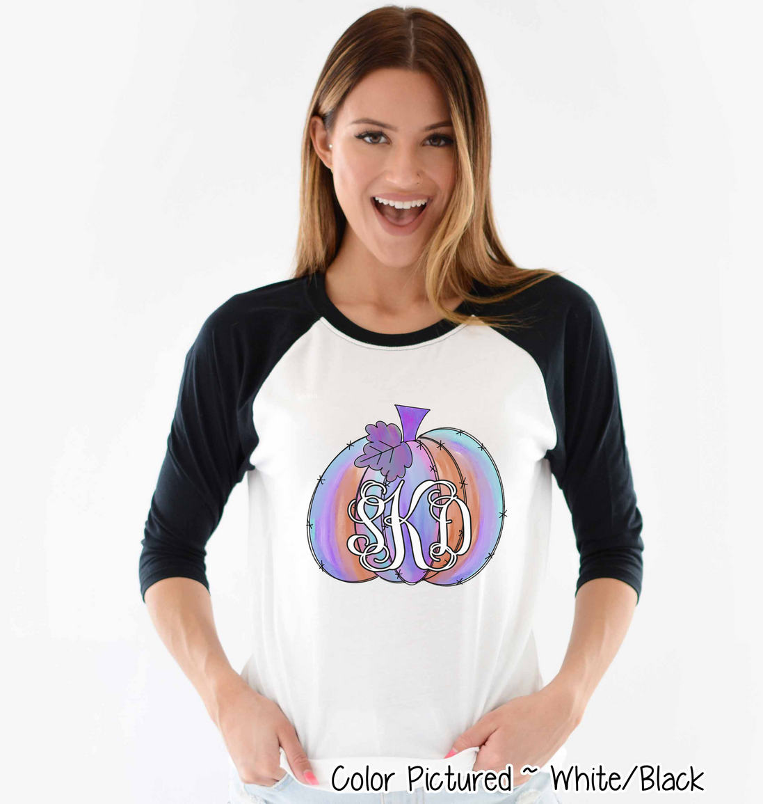 Purple Watercolor Monogram Pumpkin Raglan Tee