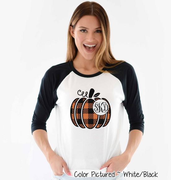 Orange & Black Plaid Monogram Pumpkin Raglan Tee