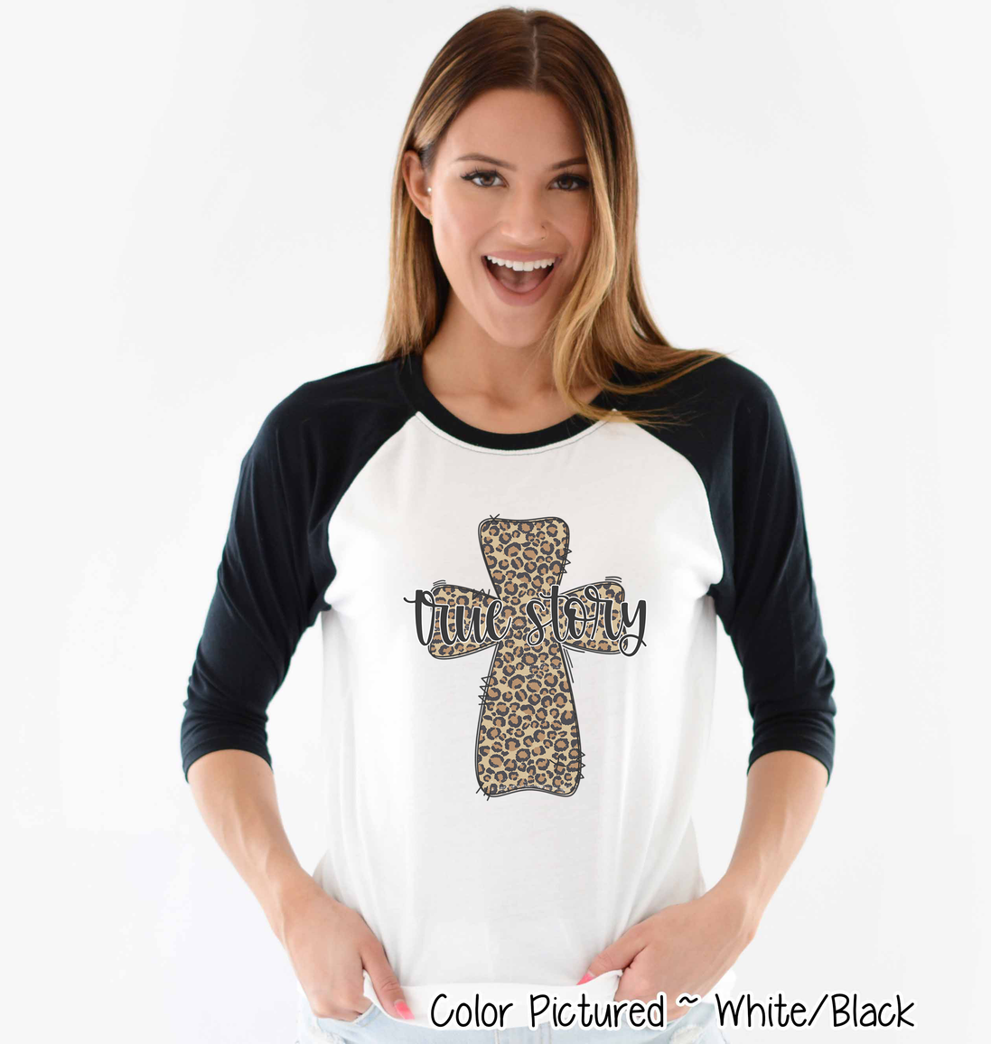 True Story Distressed Leopard Cross Easter Raglan Tee