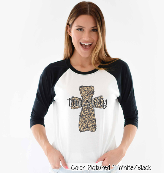 True Story Distressed Leopard Cross Easter Raglan Tee