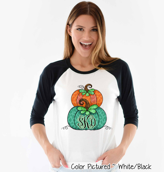 Orange & Green Leopard Stacked Pumpkin Monogram Raglan Tee