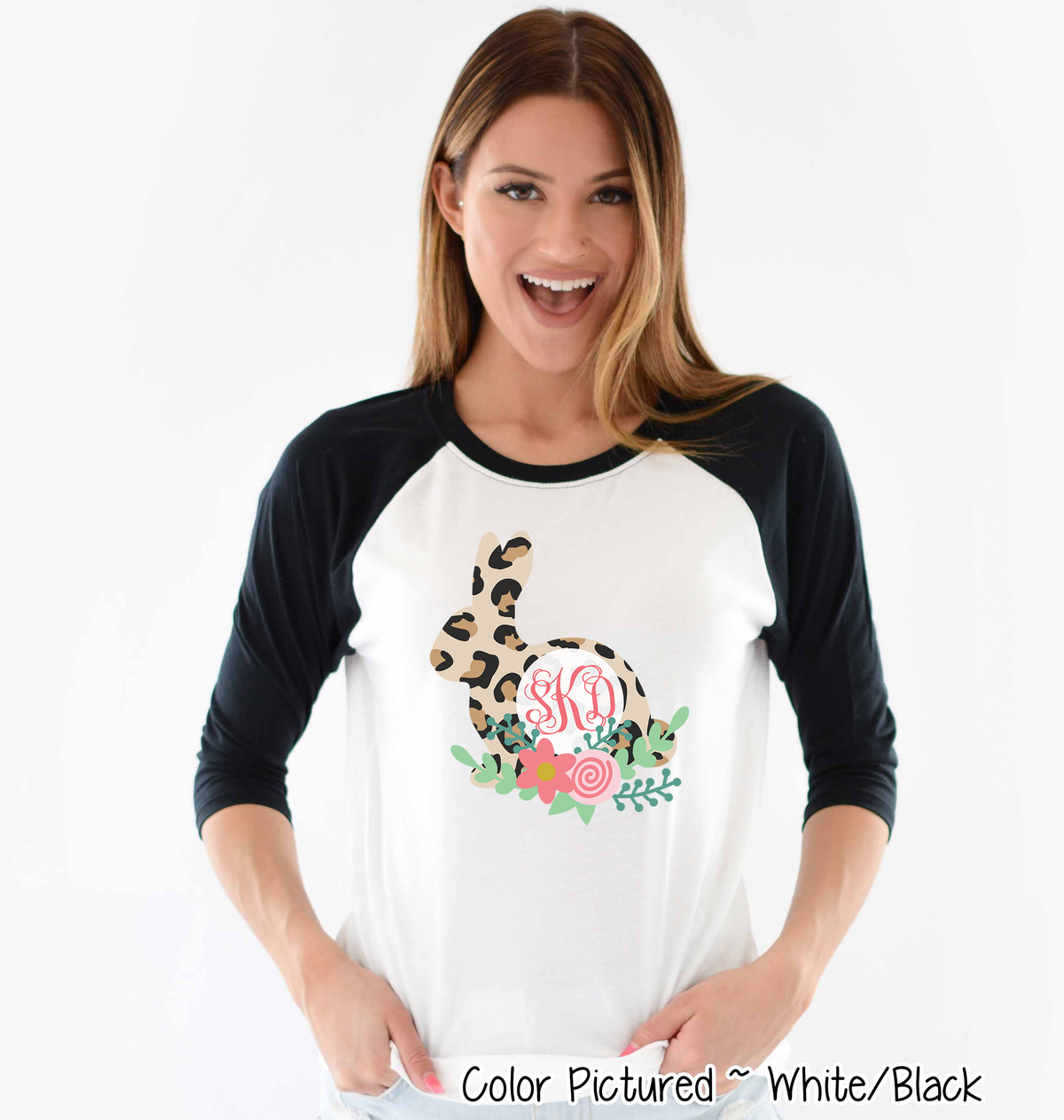 Monogram Leopard Print Easter Rabbit Raglan Tee