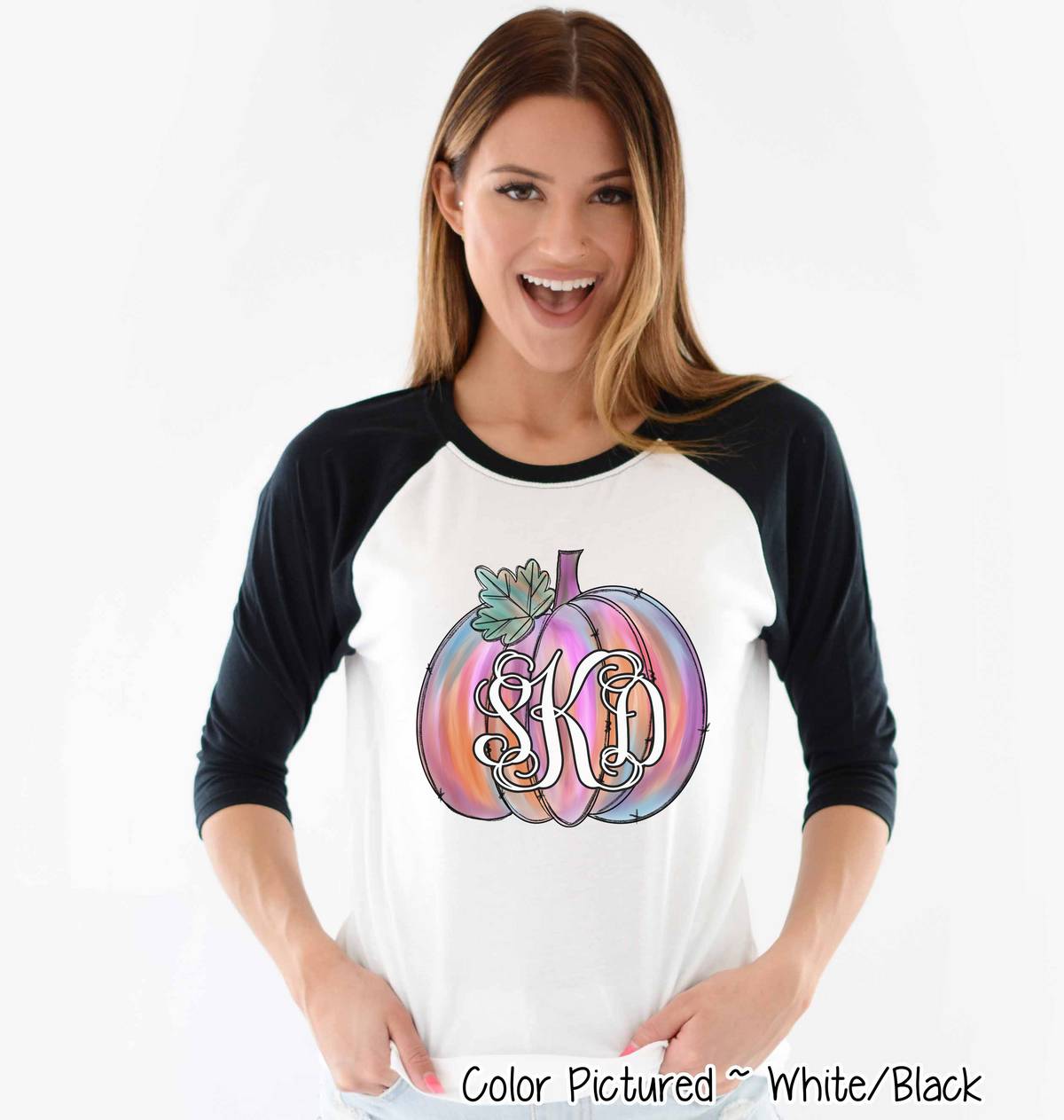 Pink Watercolor Monogram Pumpkin Raglan Tee