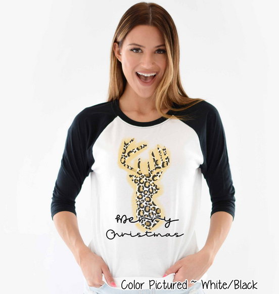 Leopard Print Reindeer Merry Christmas Raglan Tee