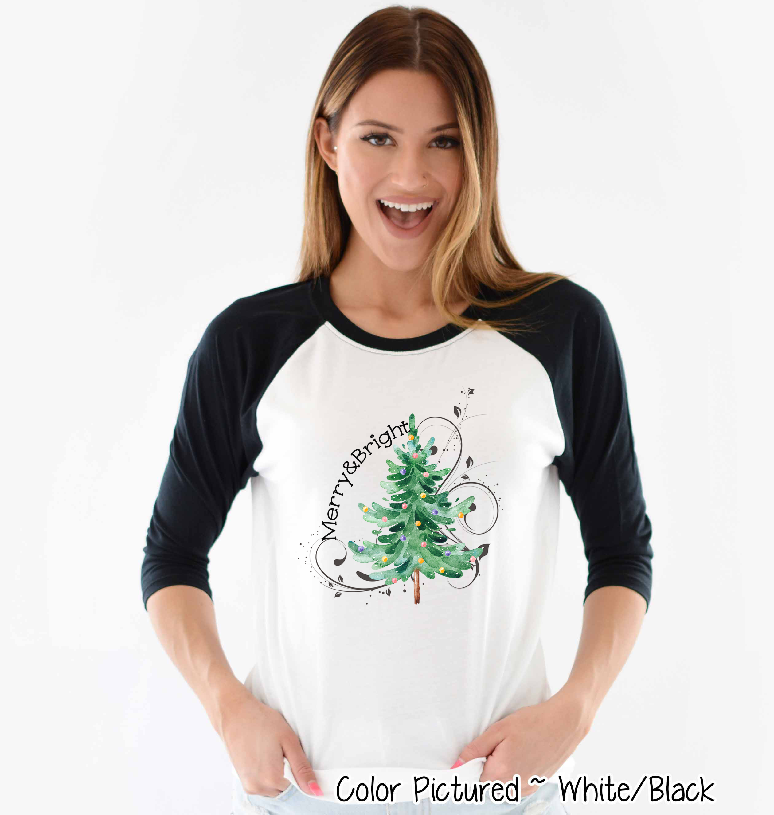 Watercolor Merry & Bright Christmas Tree Raglan Tee