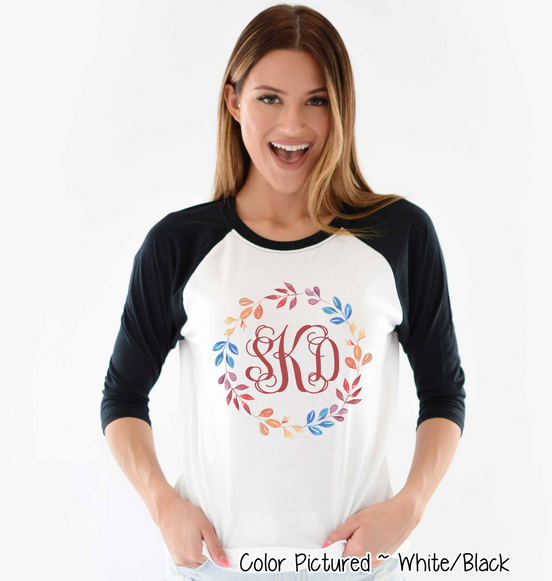 Monogram Watercolor Fall Leaf Wreath Raglan Tee
