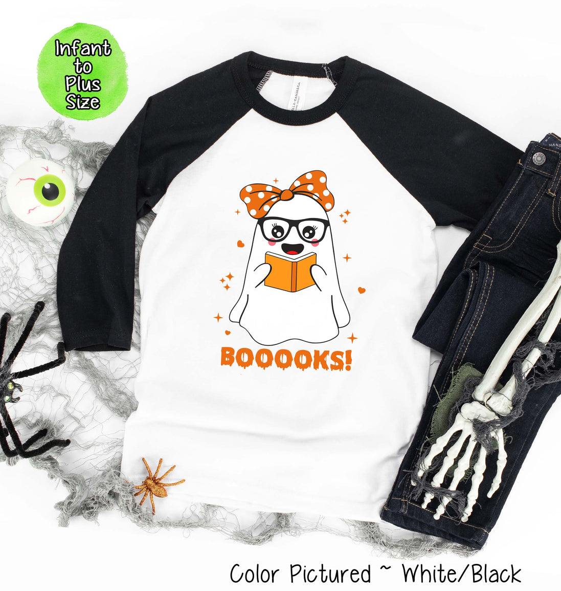 Booooooks Girl Ghost Halloween Raglan Tee