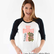 He Is Risen Pink Leopard Cross Easter Raglan Tee