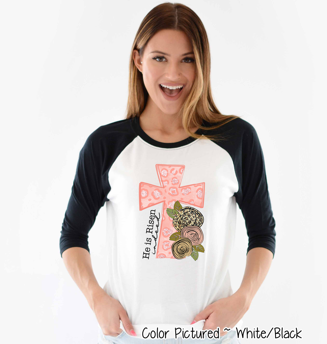 He Is Risen Pink Leopard Cross Easter Raglan Tee