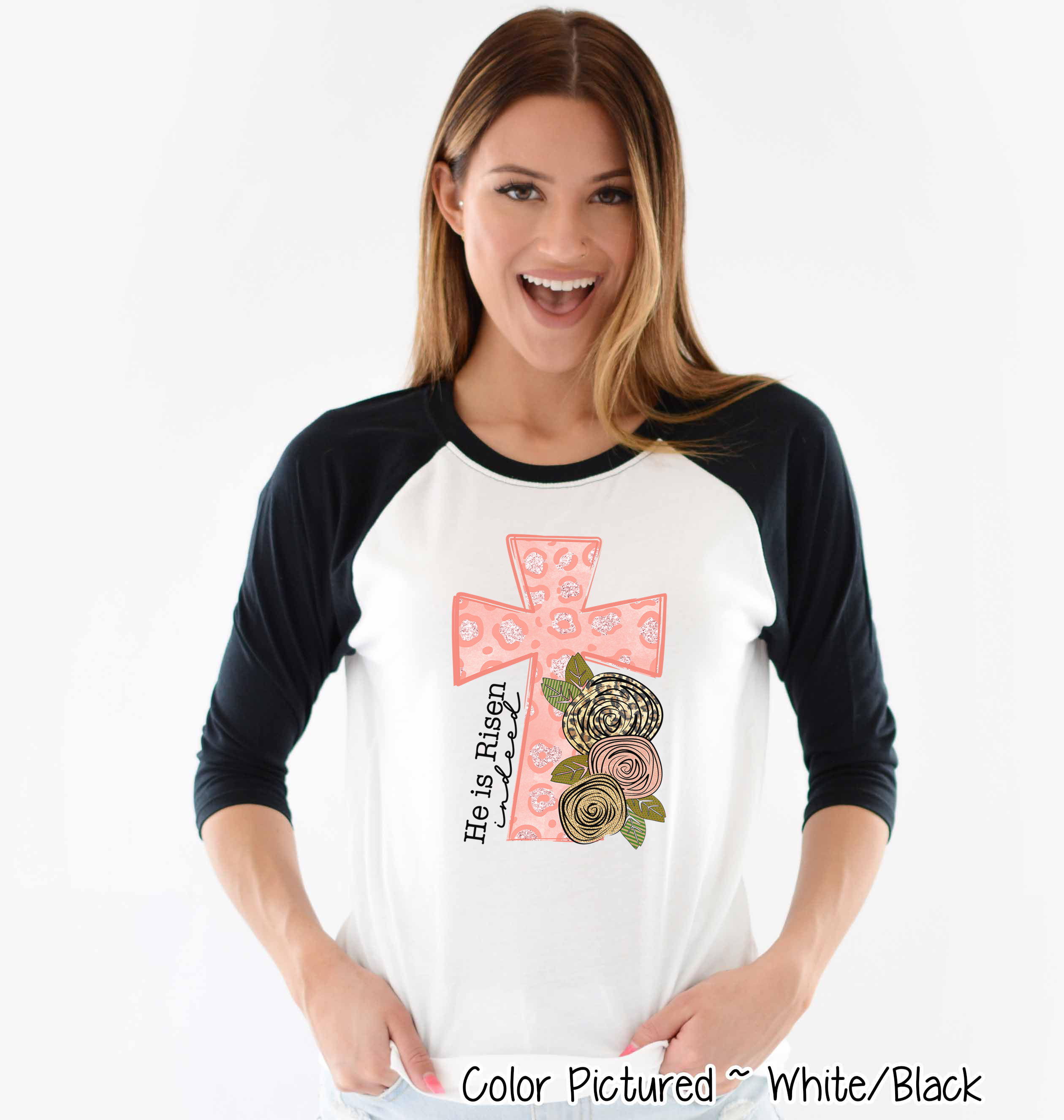 He Is Risen Pink Leopard Cross Easter Raglan Tee