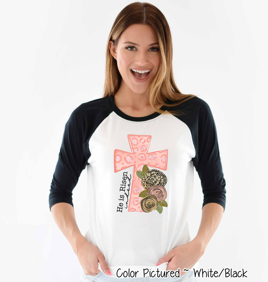 He Is Risen Pink Leopard Cross Easter Raglan Tee