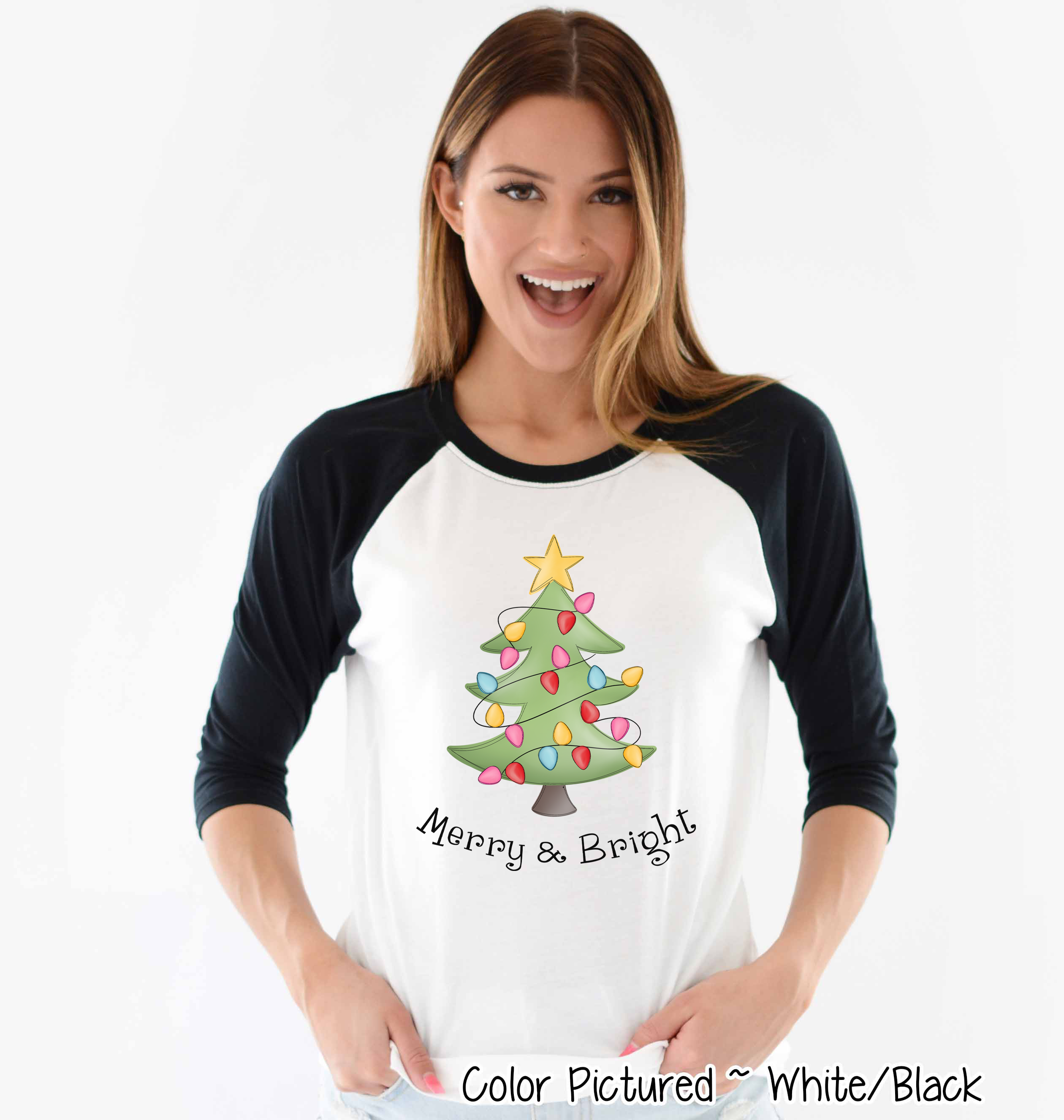 Merry & Bright Christmas Tree Raglan Tee