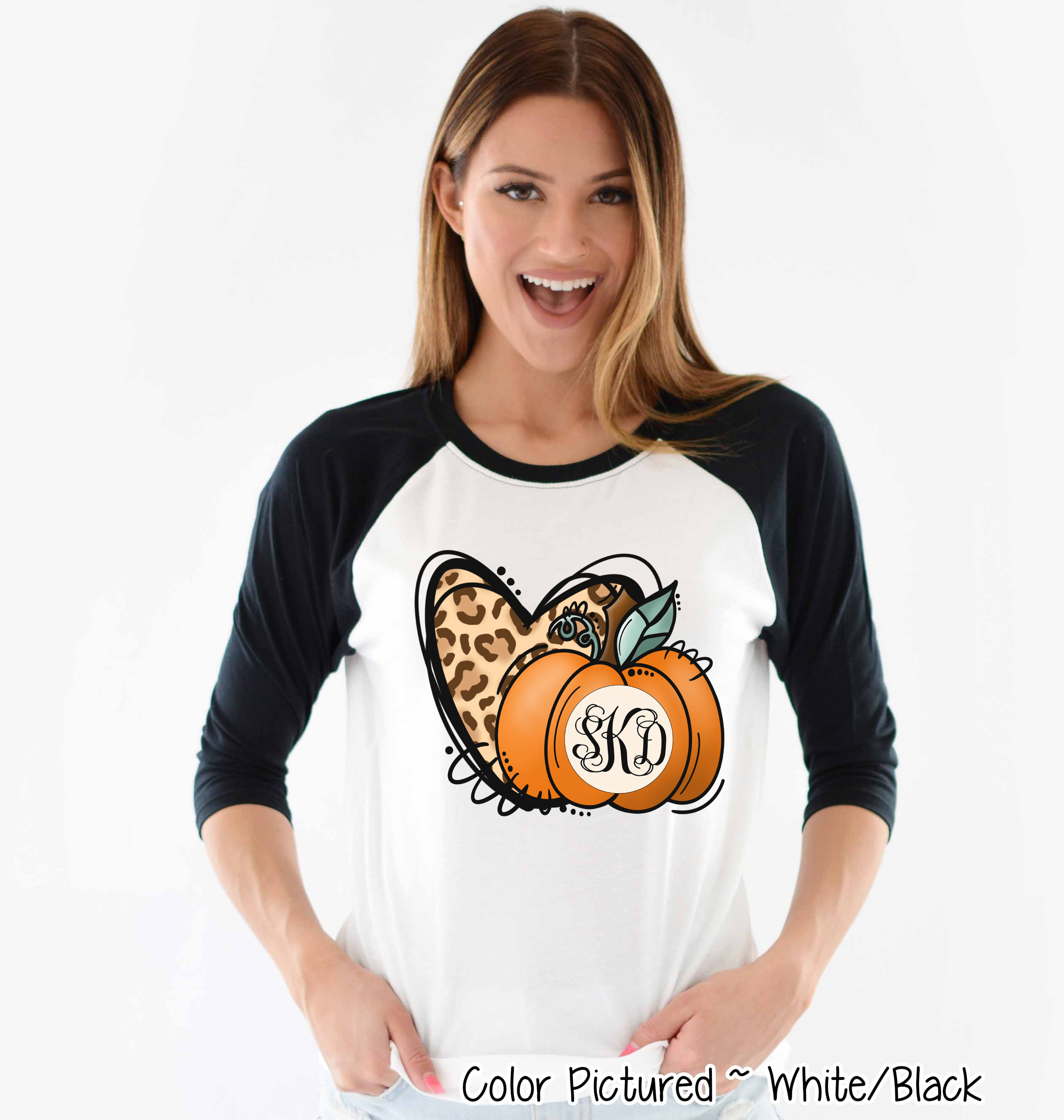 Leopard Heart and Fall Monogram Pumpkin Raglan Tee