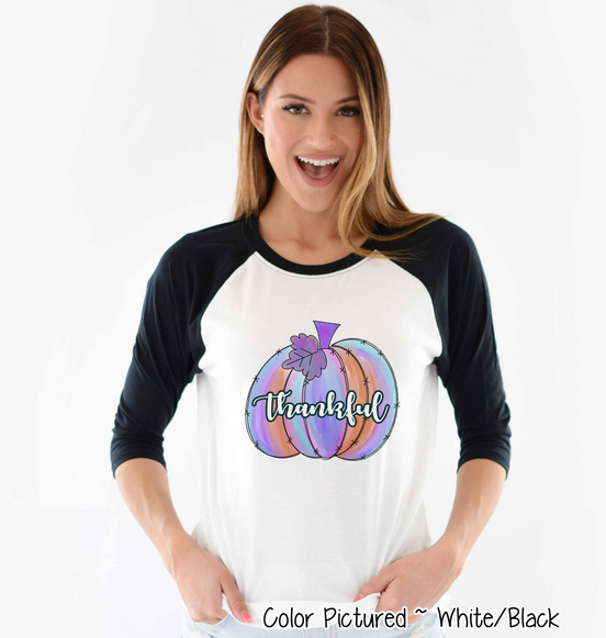 Purple Watercolor Thankful Pumpkin Raglan Tee