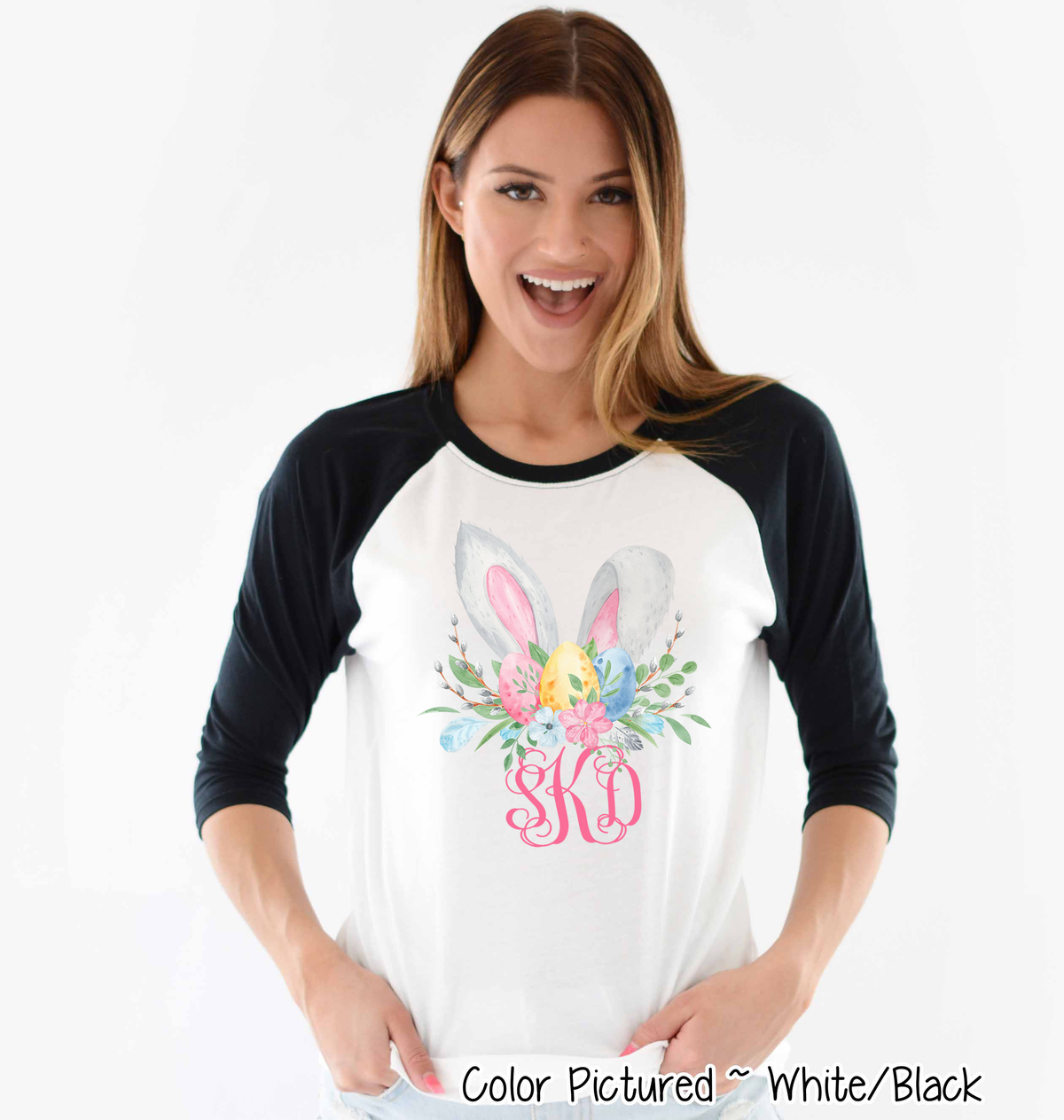 Monogram Bunny Ears with Eggs Raglan Tee