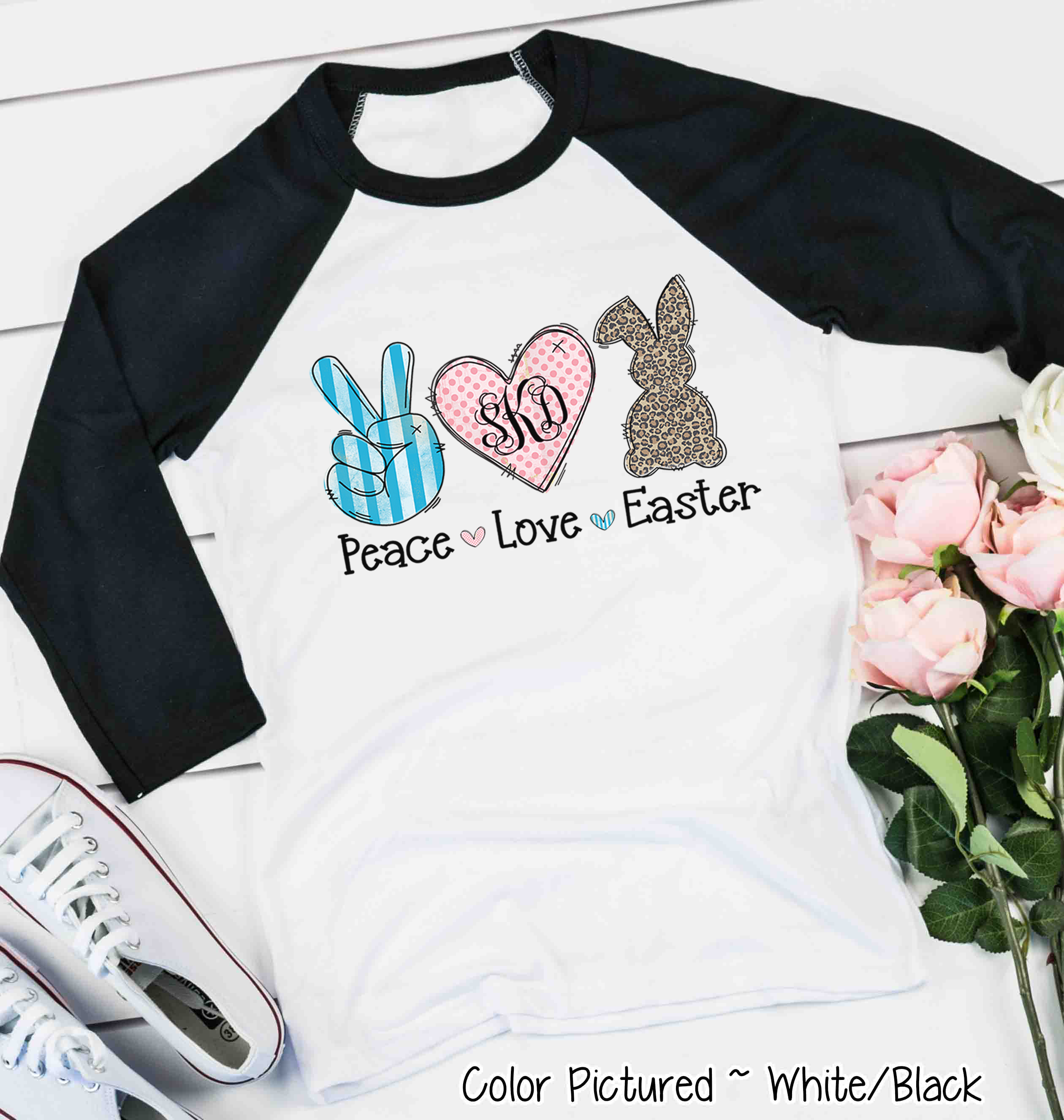 Monogram Peace, Love, Easter Bunny Raglan Tee