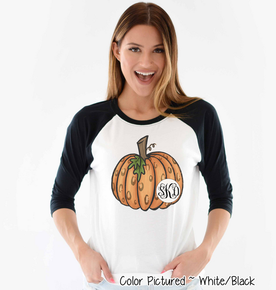 Orange Leopard Pumpkin Monogram Raglan Tee