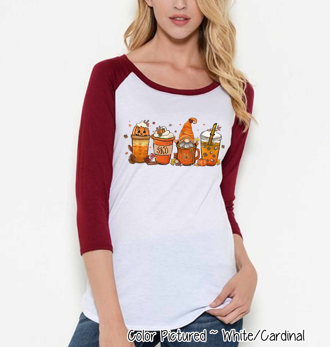 Monogram Gnome Pumpkin Spice Latte Coffee Fall Raglan Tee