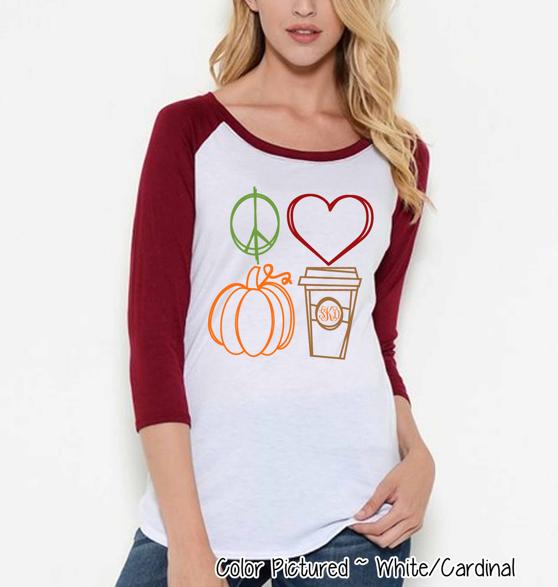 Peace Love Pumpkin Latte Monogram Fall Raglan Tee