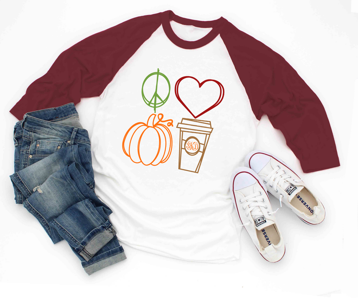 Peace Love Pumpkin Latte Monogram Fall Raglan Tee